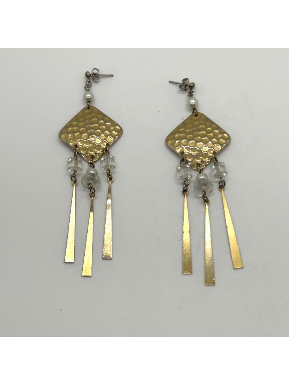 Vintage Gold Tone Hammered Chandelier Earrings With Faux Pearl Acrylic Beads